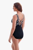 Woman turned left to show detail of swimsuit