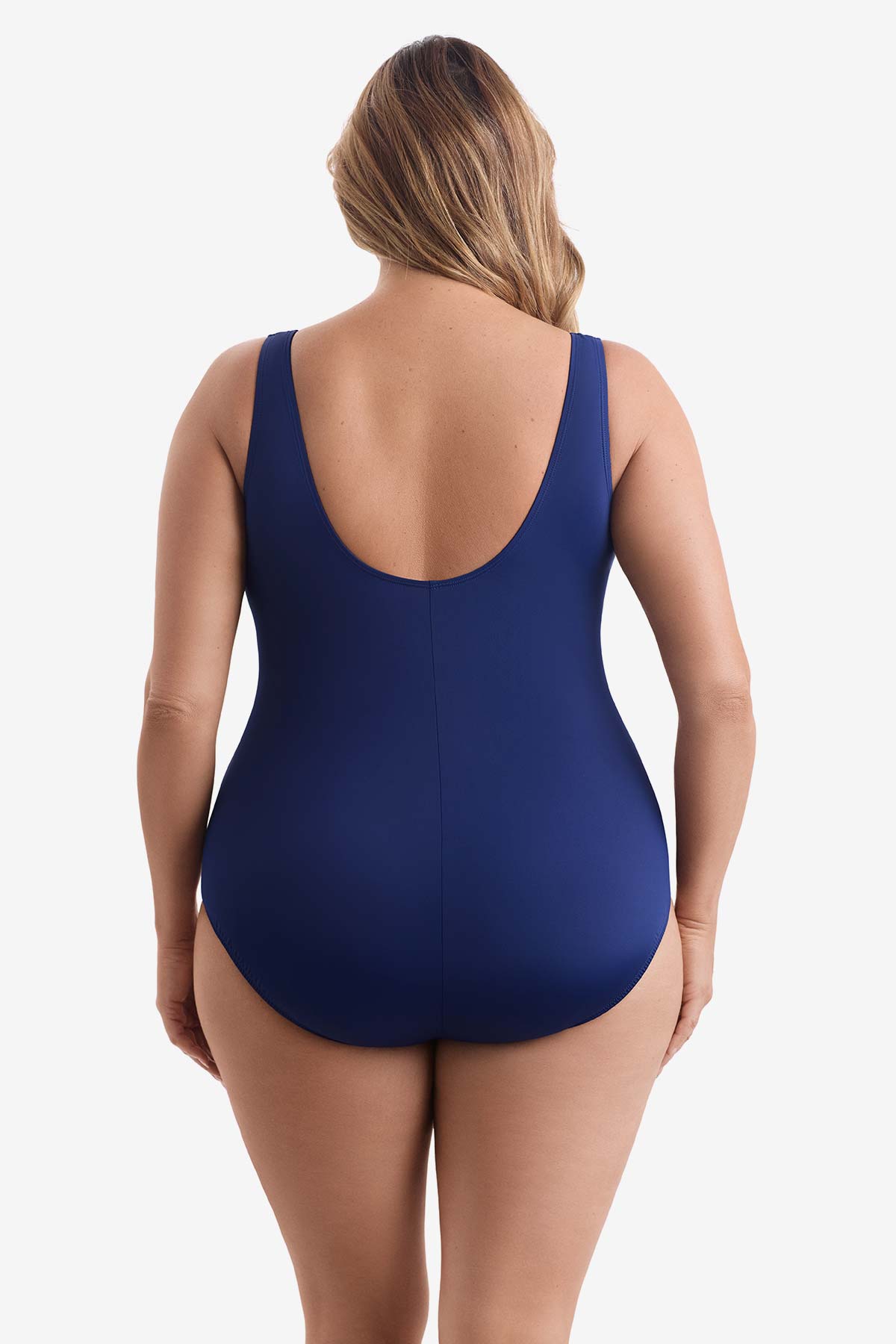 Woman faced away wearing a blue one-piece swimsuit