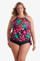 Woman wearing a multicolored floral printed high neck blouson tankini top
