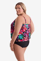 Woman faced left wearing a multicolored floral printed high neck blouson tankini top