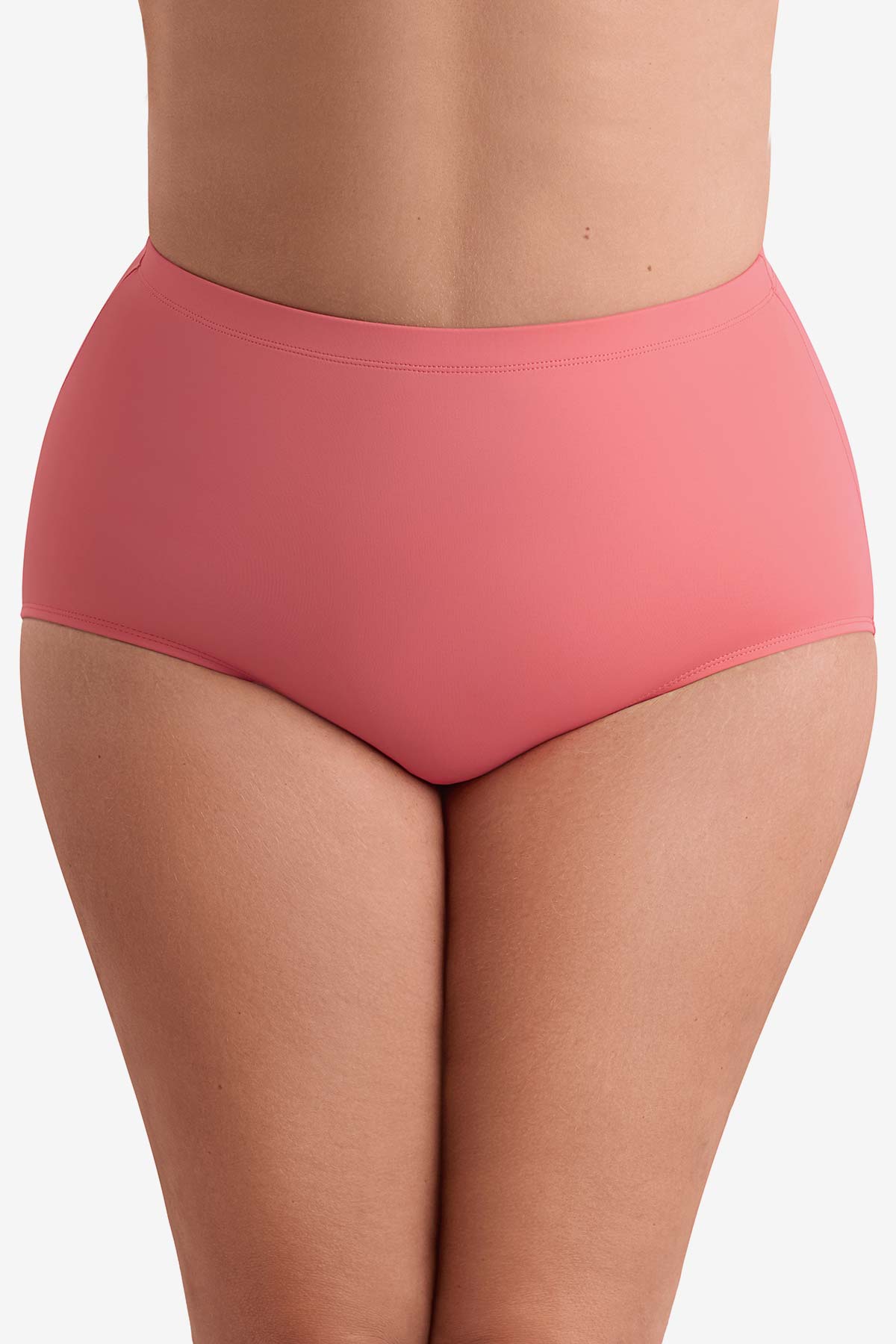 Front view of coral pink swim bottoms