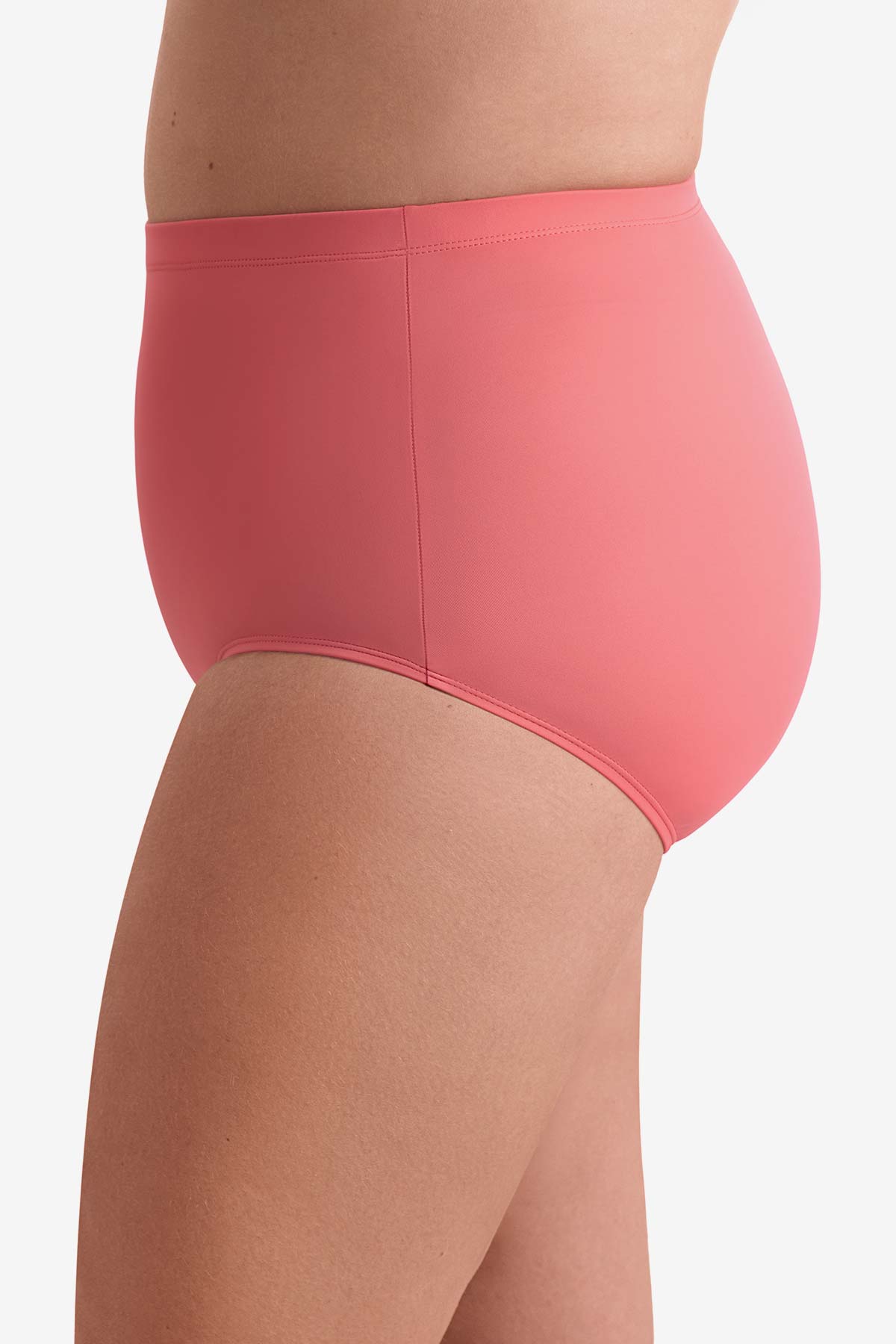 Side view of coral pink swim bottoms