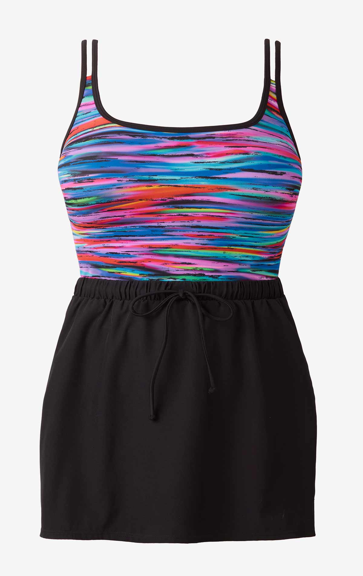 Multicolored streaked print one-piece skirted swimsuit