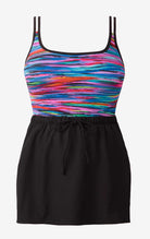 Multicolored streaked print one-piece skirted swimsuit