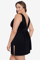 Side view of Goddess Flyaway Swim Dress in Night Gala