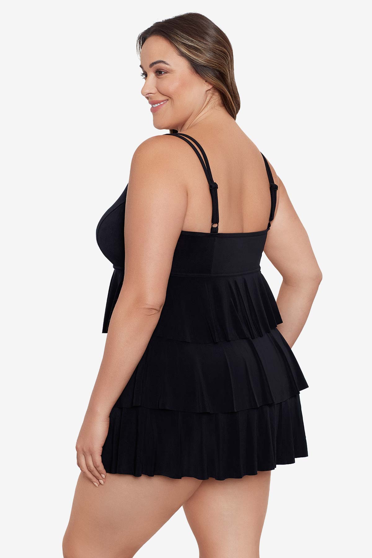 Side view of Triple Tier Swim Dress in Night Gala