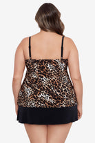 Woman turned away wearing a cheetah print ruffled one-piece faux skirtini swimsuit