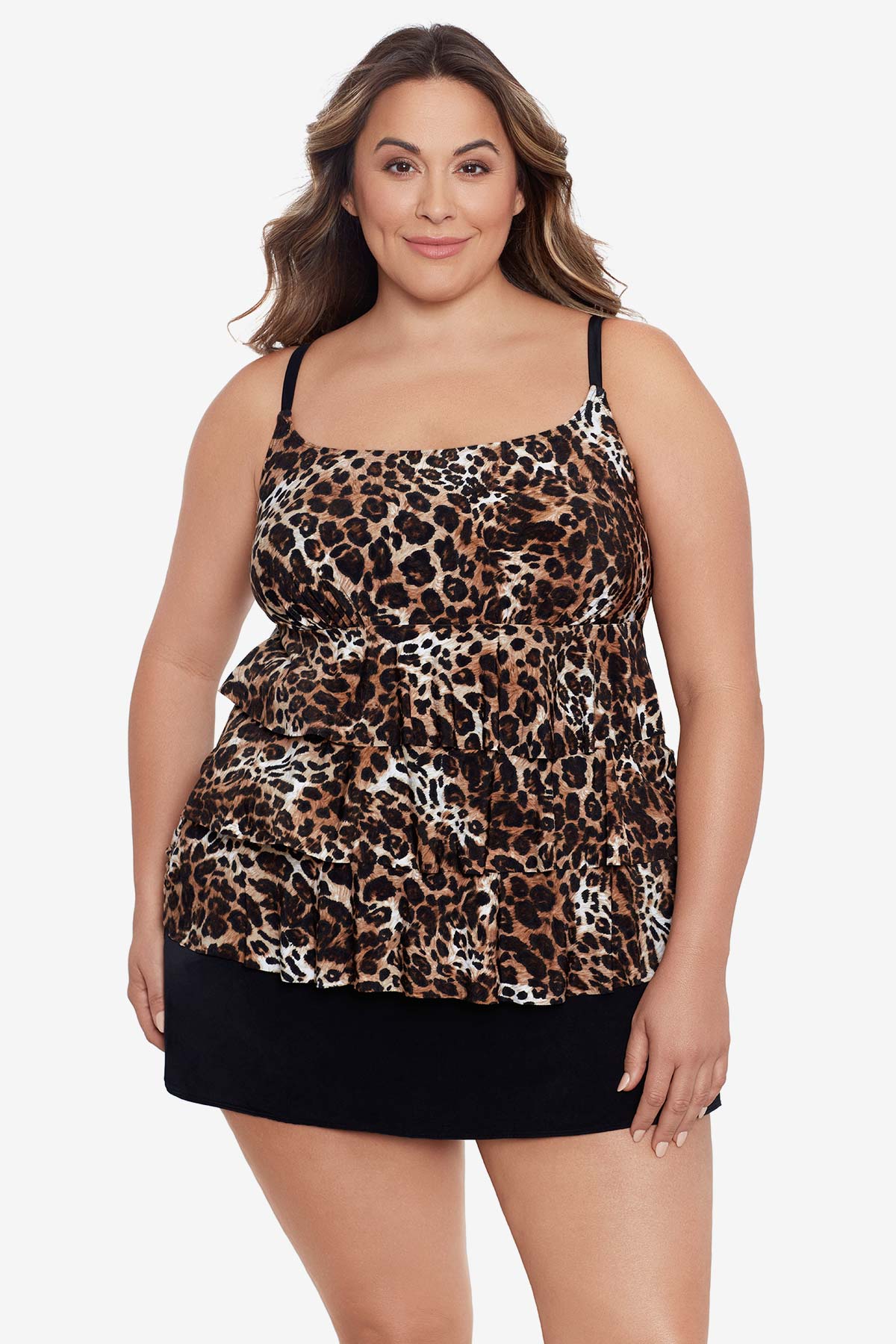 Woman wearing a cheetah print ruffled one-piece faux skirtini swimsuit