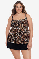 Woman wearing a cheetah print ruffled one-piece faux skirtini swimsuit