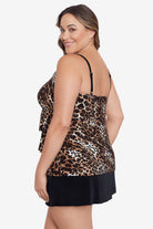 Woman turned left wearing a cheetah print ruffled one-piece faux skirtini swimsuit