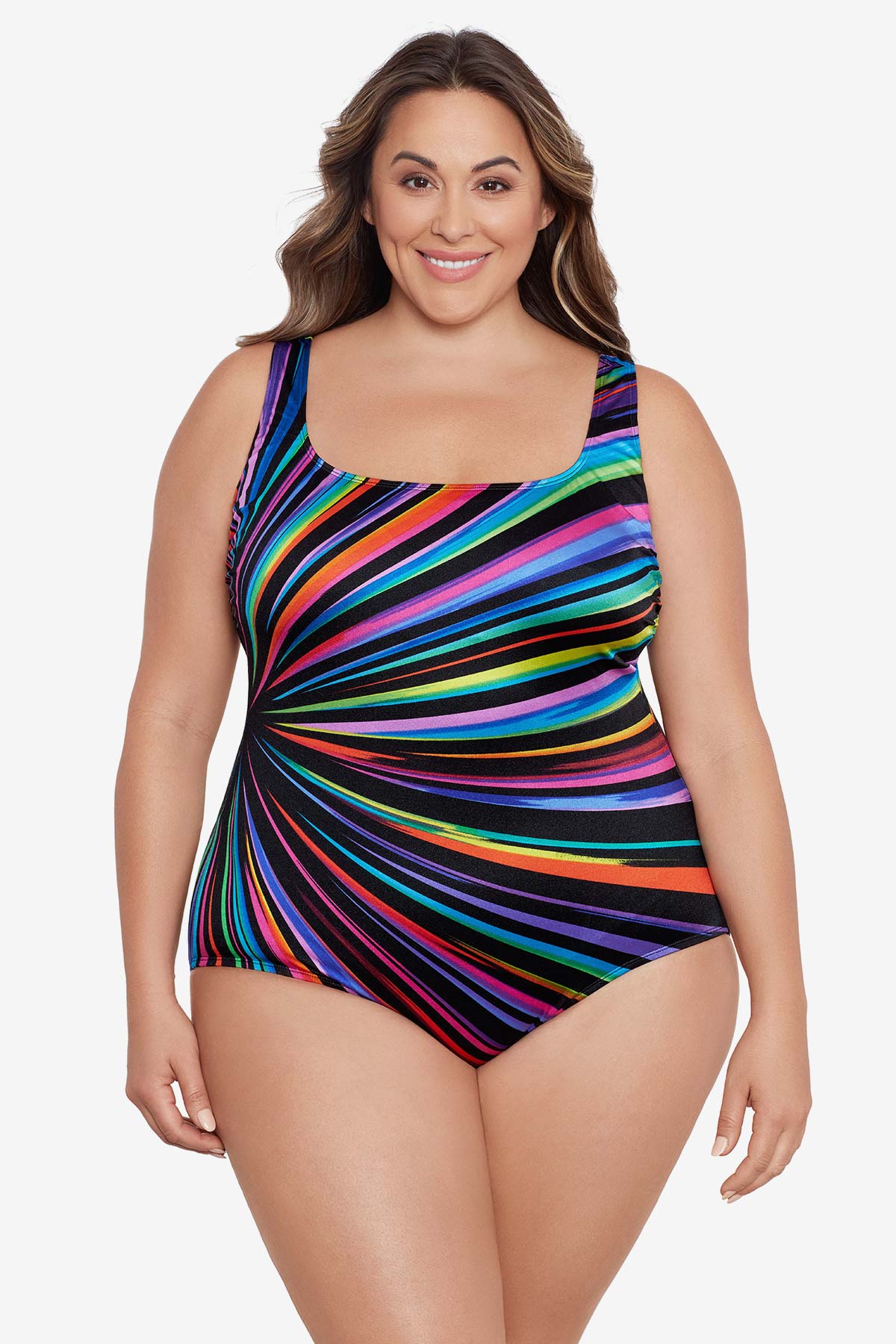 Woman wearing a rainbow radial pattern one-piece swimsuit