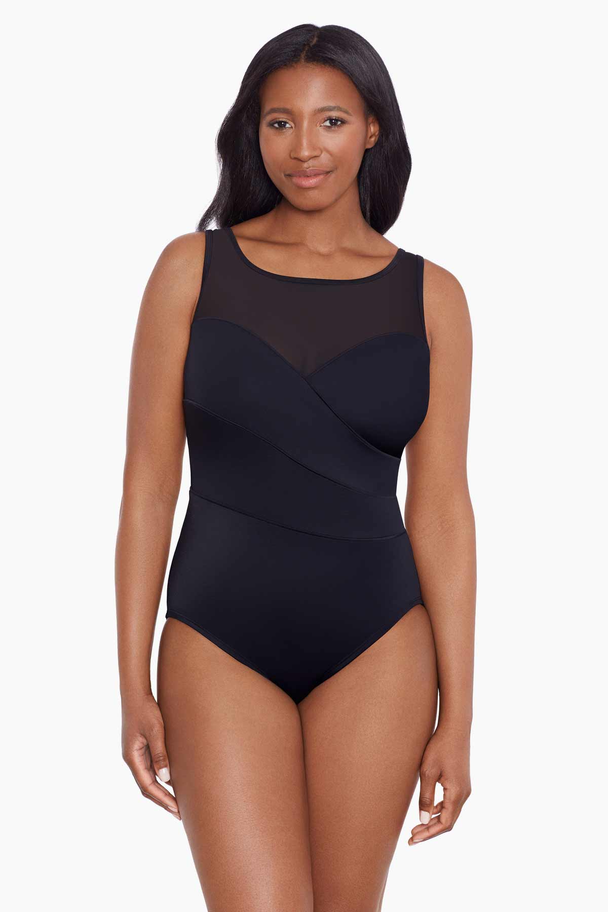 Woman wearing a black mesh high neck one-piece swimsuit