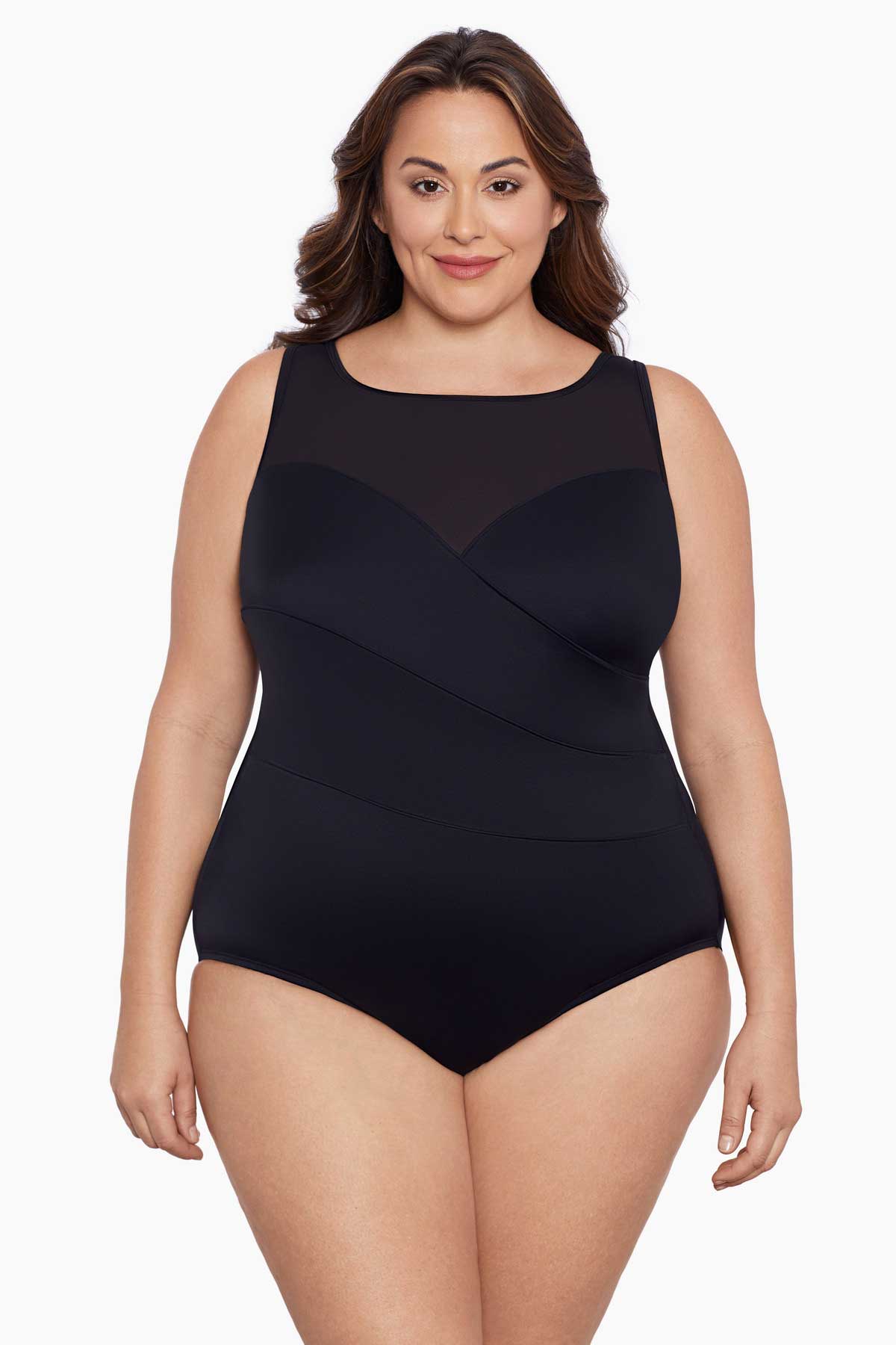 Woman wearing a black mesh high neck one-piece swimsuit