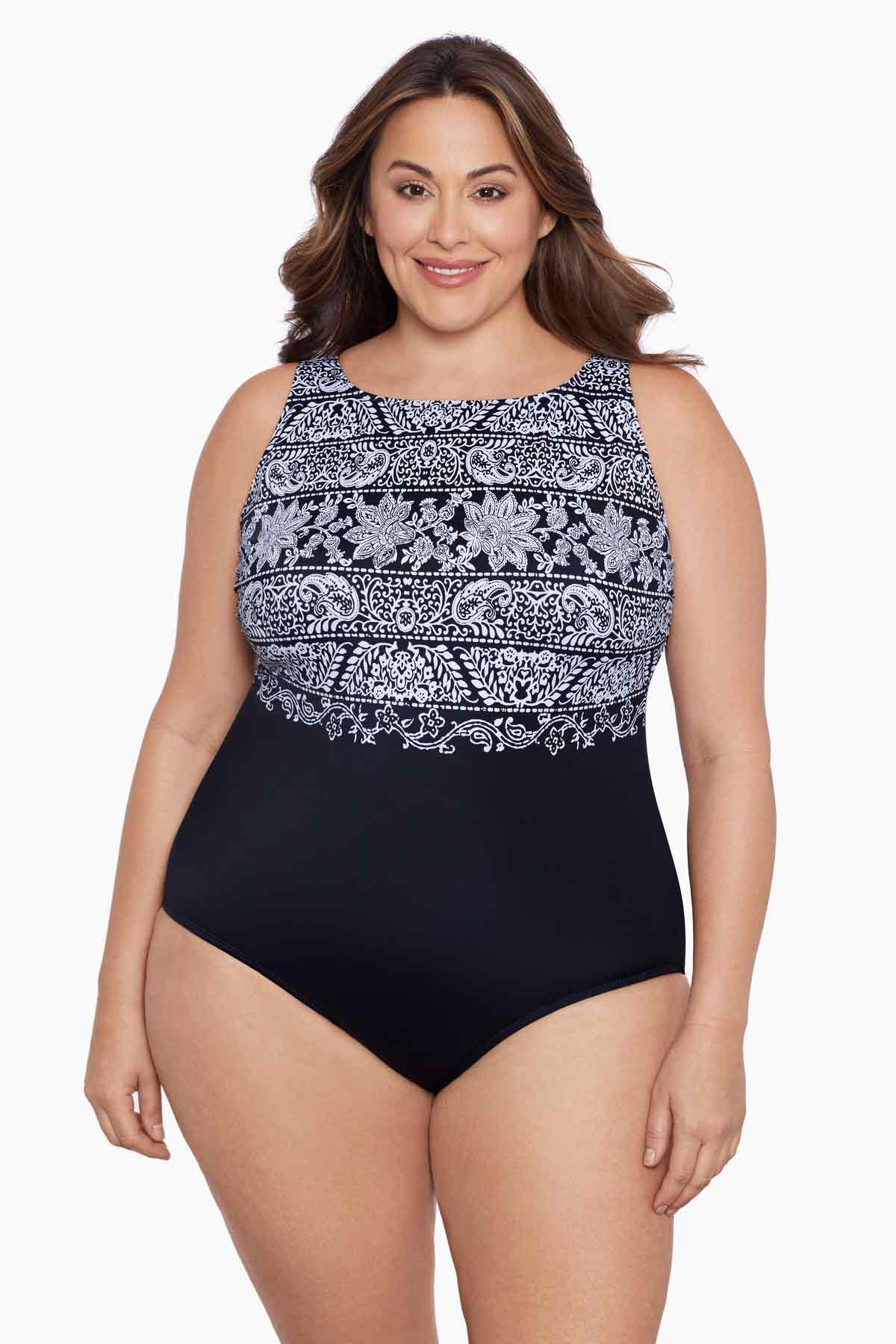 Woman wearing a black and white garland printed one-piece high neck swimsuit