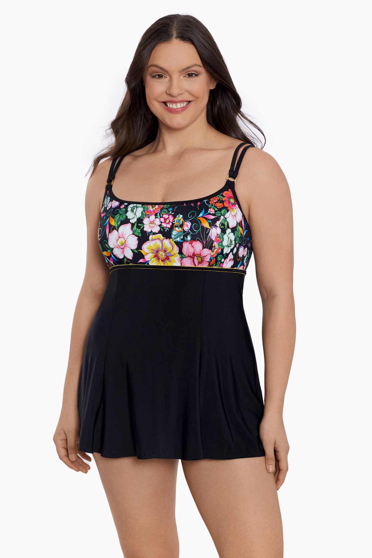 Woman wearing a floral print at the bust swim dress