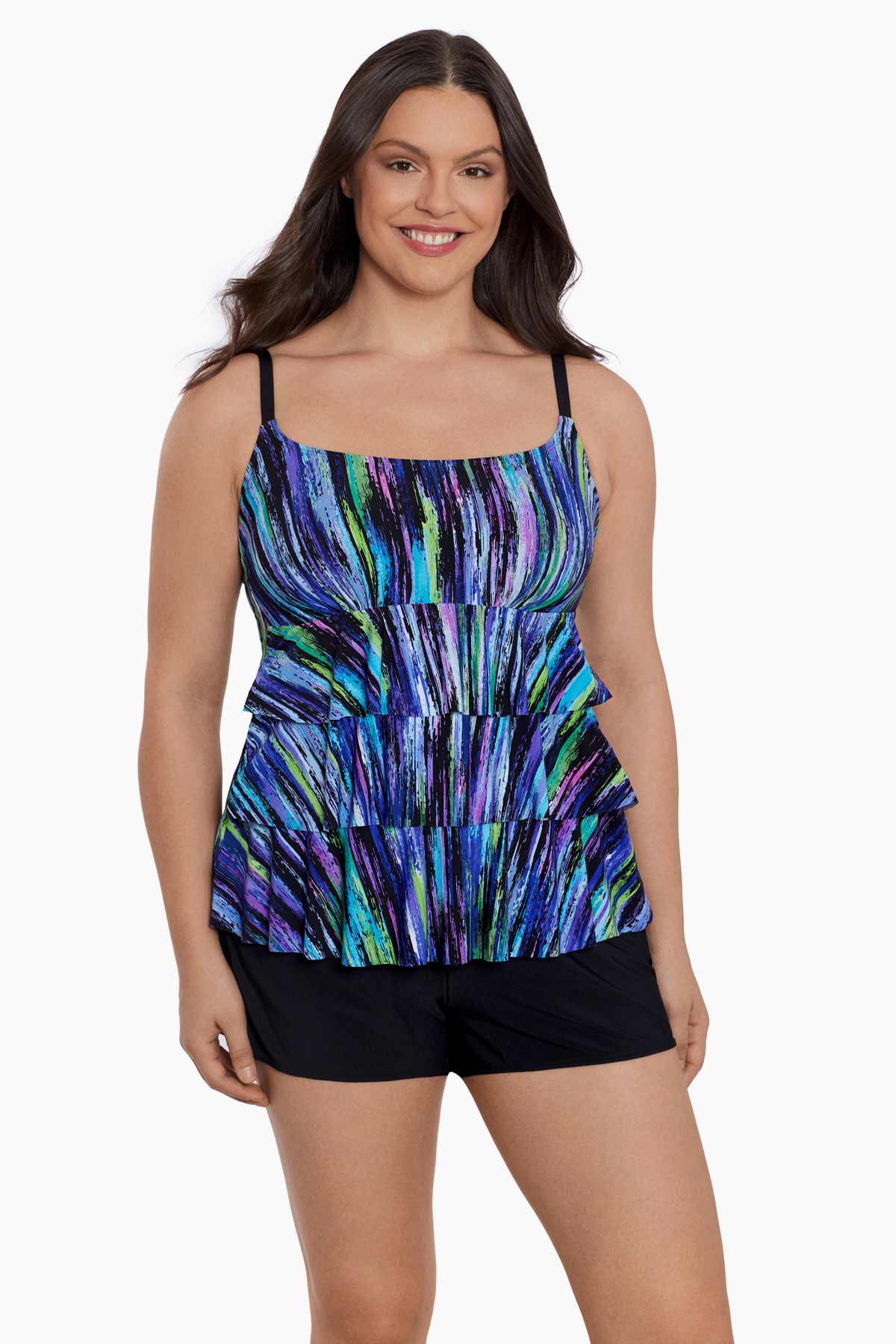Woman wearing a multicolored streak printed ruffled swim shortini