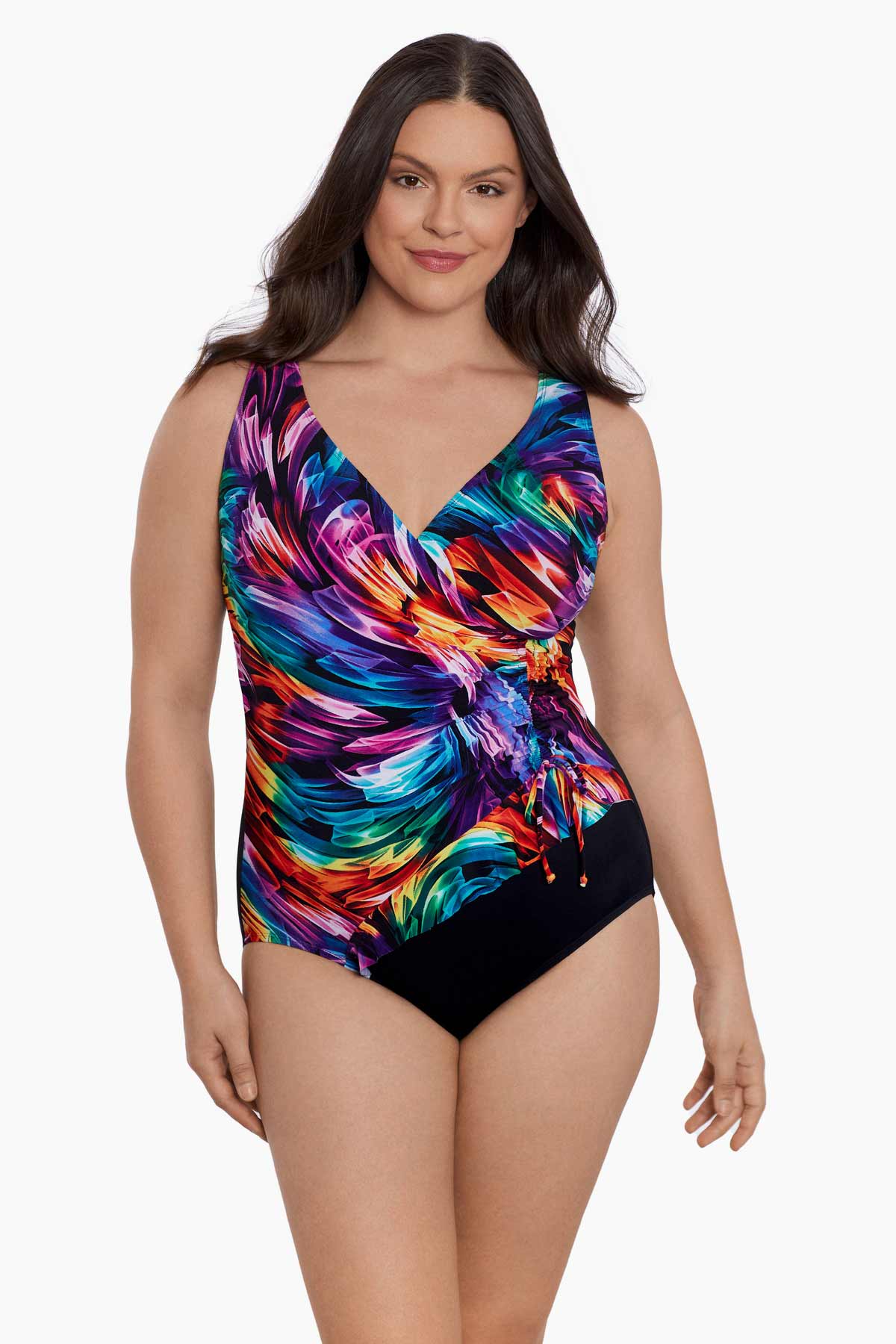Woman wearing a rainbow ribbon printed one-piece swimsuit