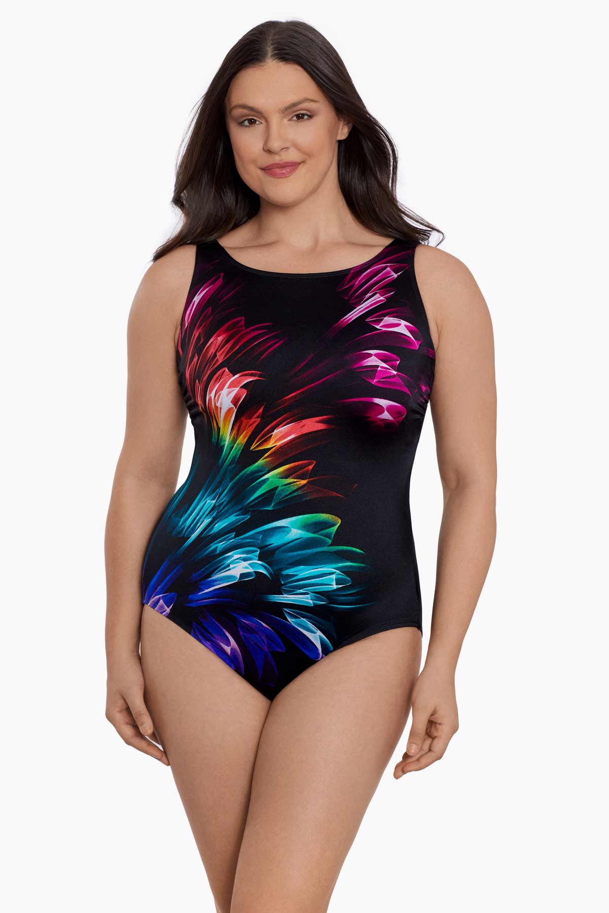 Woman wearing a rainbow ribbon printed one-piece swimsuit