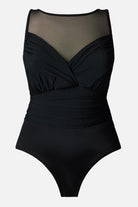 Black one-piece swimsuit with a mesh high neck