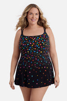Woman wearing a multicolored floral printed swim dress