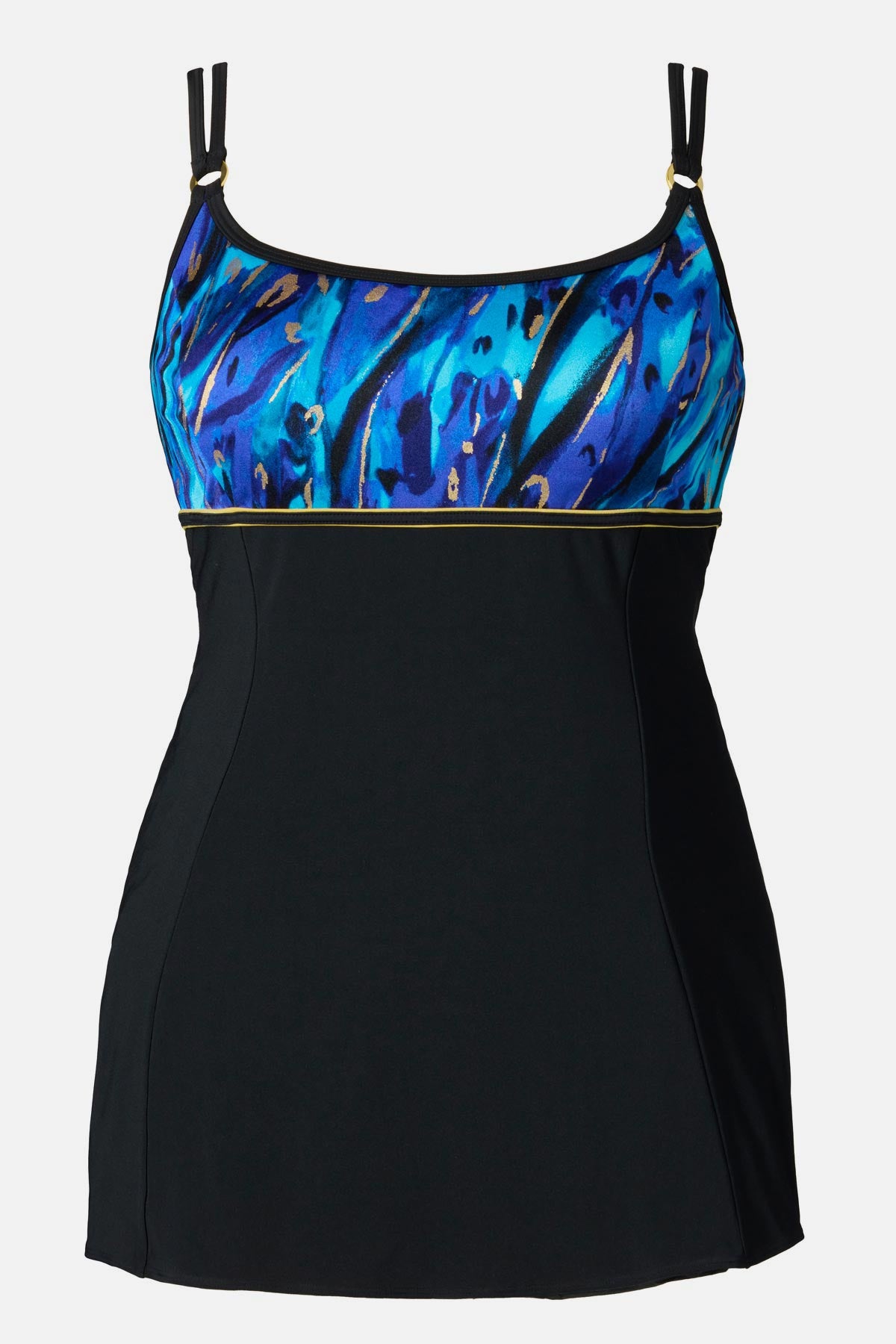Swim dress with a blue and gold print on the bust