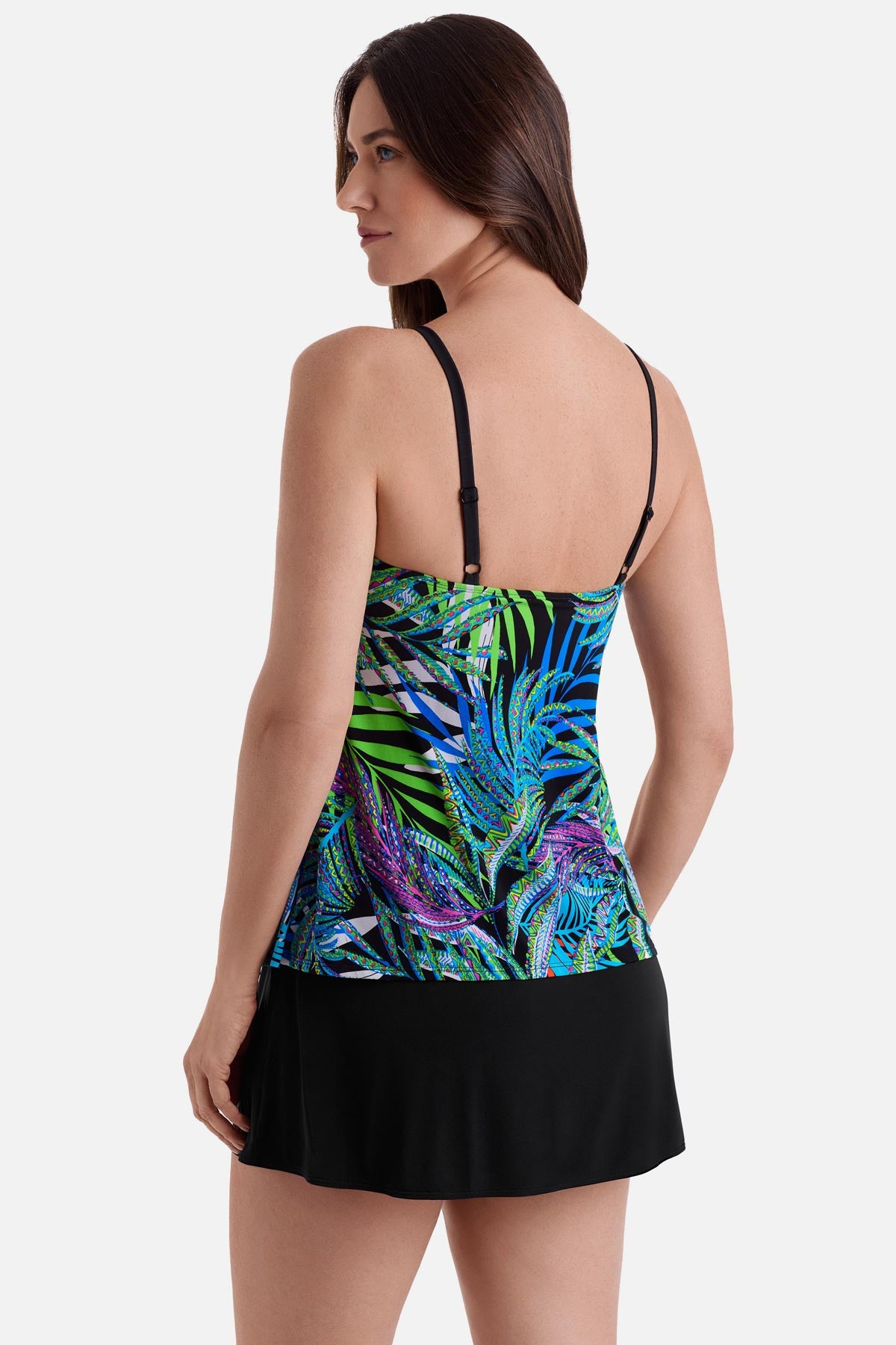 Woman turned left wearing a multicolor palm leaf print faux ruffle skirtini swimsuit