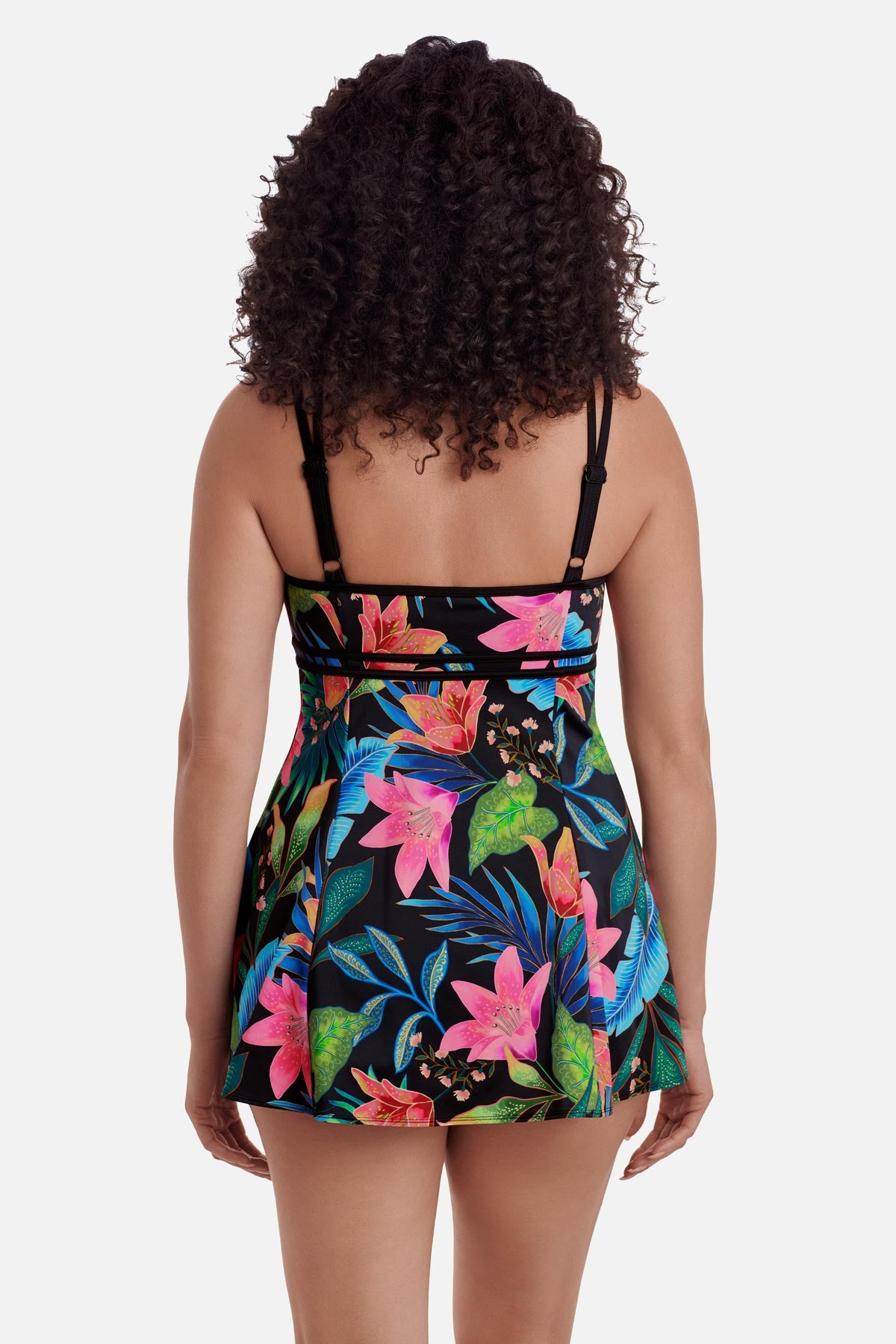 Woman faced away wearing a multicolored floral printed swim dress