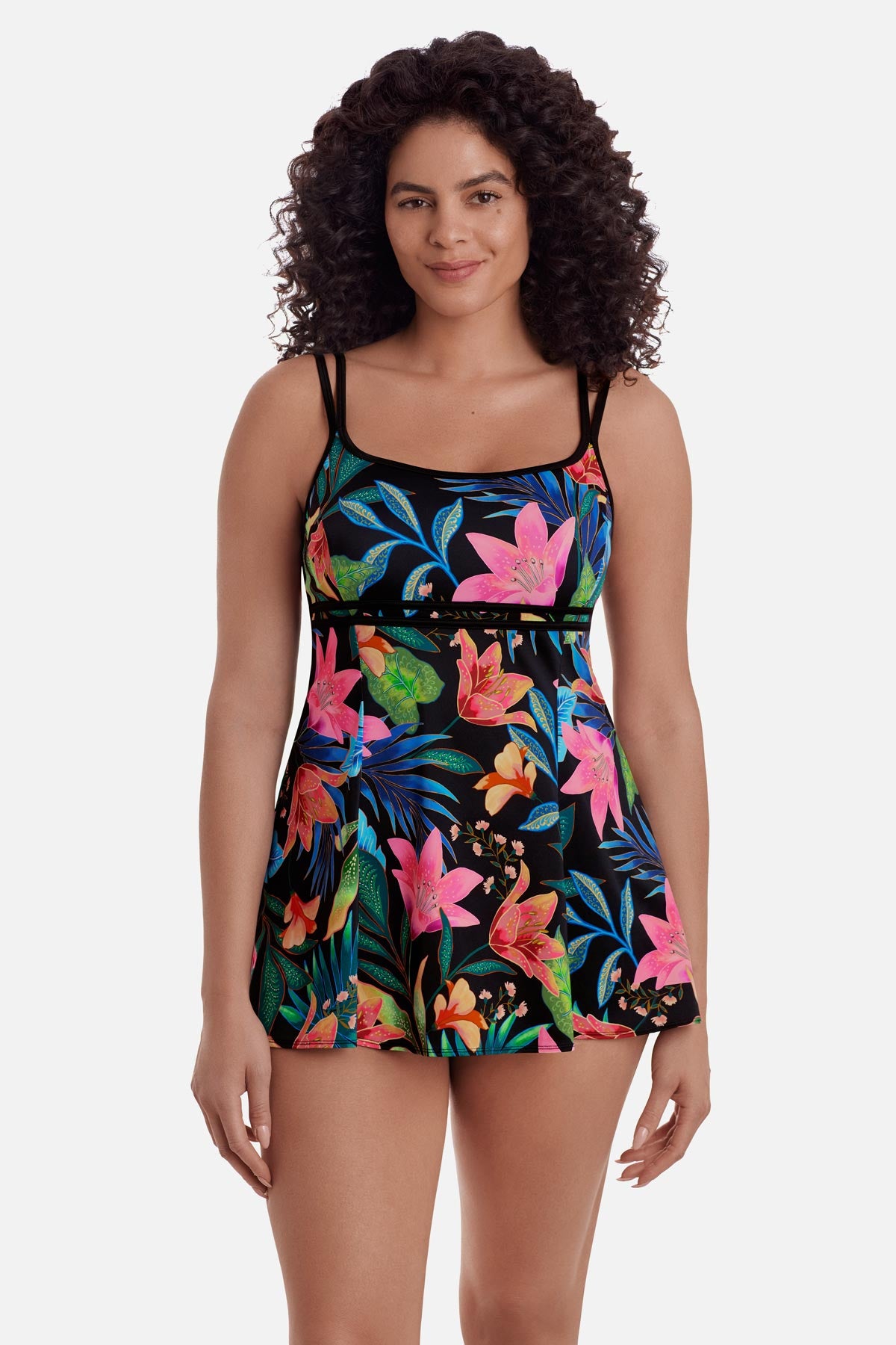 Woman wearing a multicolored floral printed swim dress