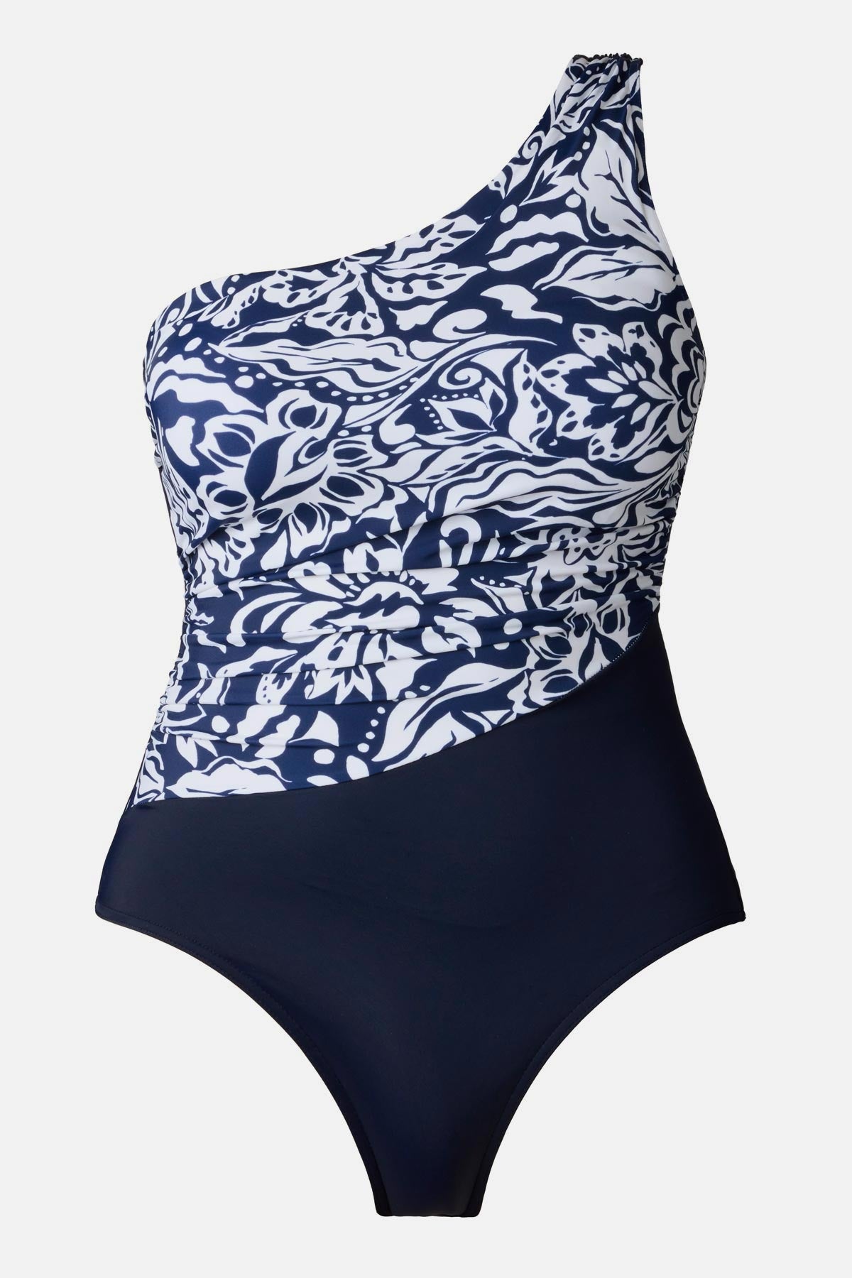 Blue and white abstract floral printed one shoulder one-piece swimsuit