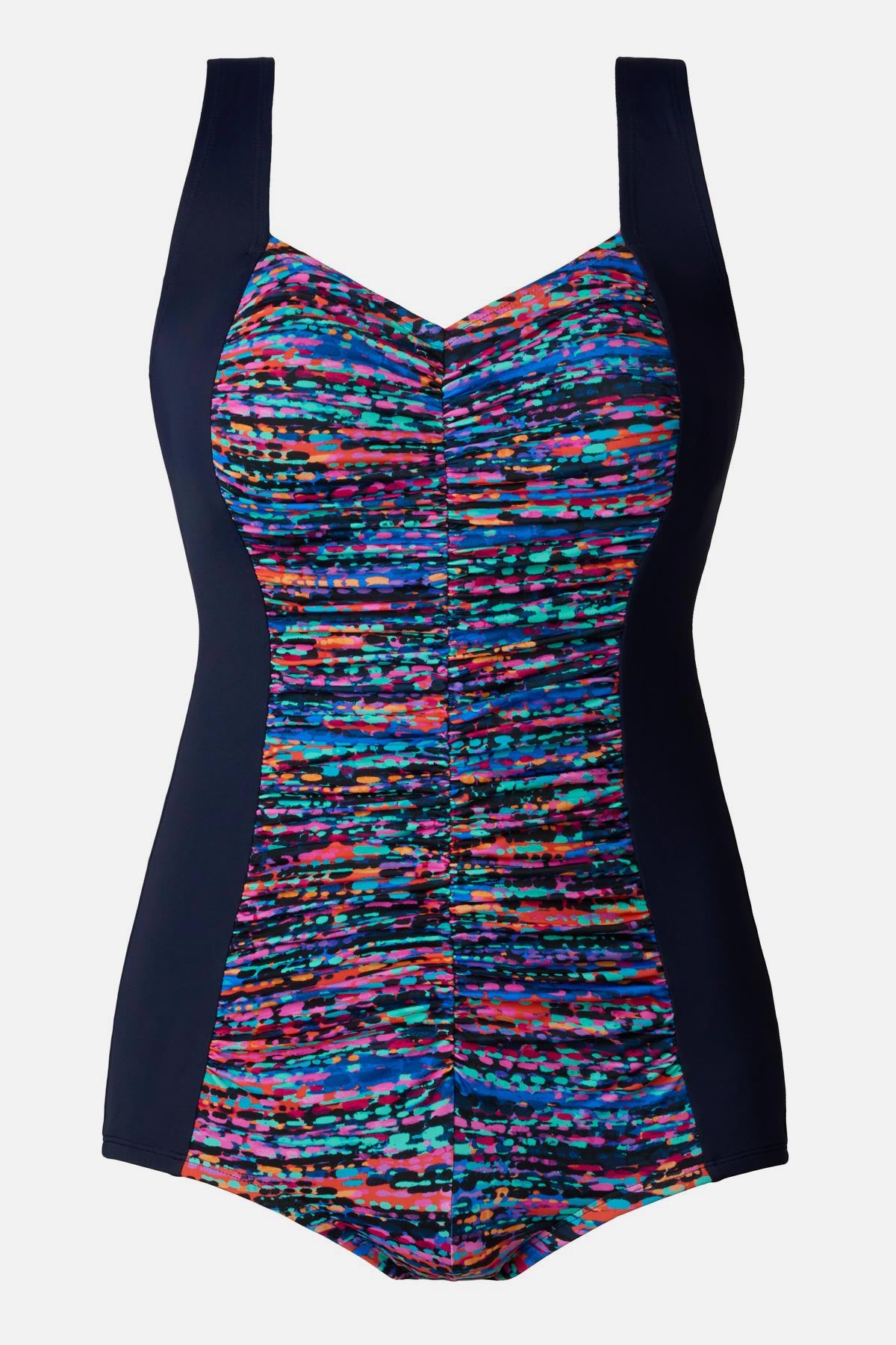 Blue one-piece swimsuit with a multicolor print in the middle