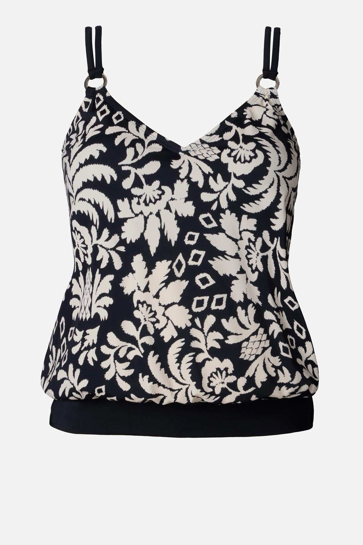 Black and white palm tree print blouson tankini top
