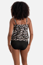Woman turned away wearing a brown animal skin-esque print blouson tankini top