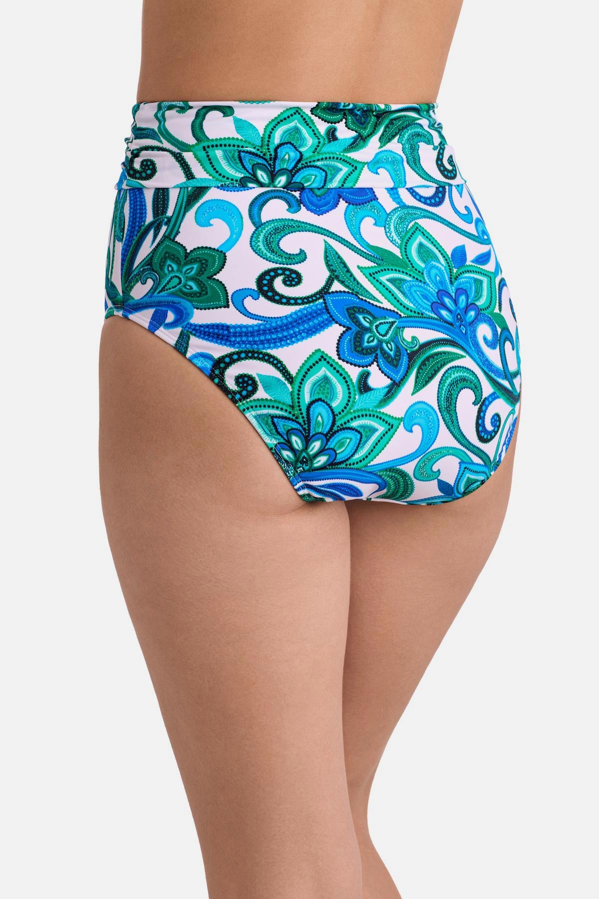 Back view of blue and green floral printed high waisted swim bottoms