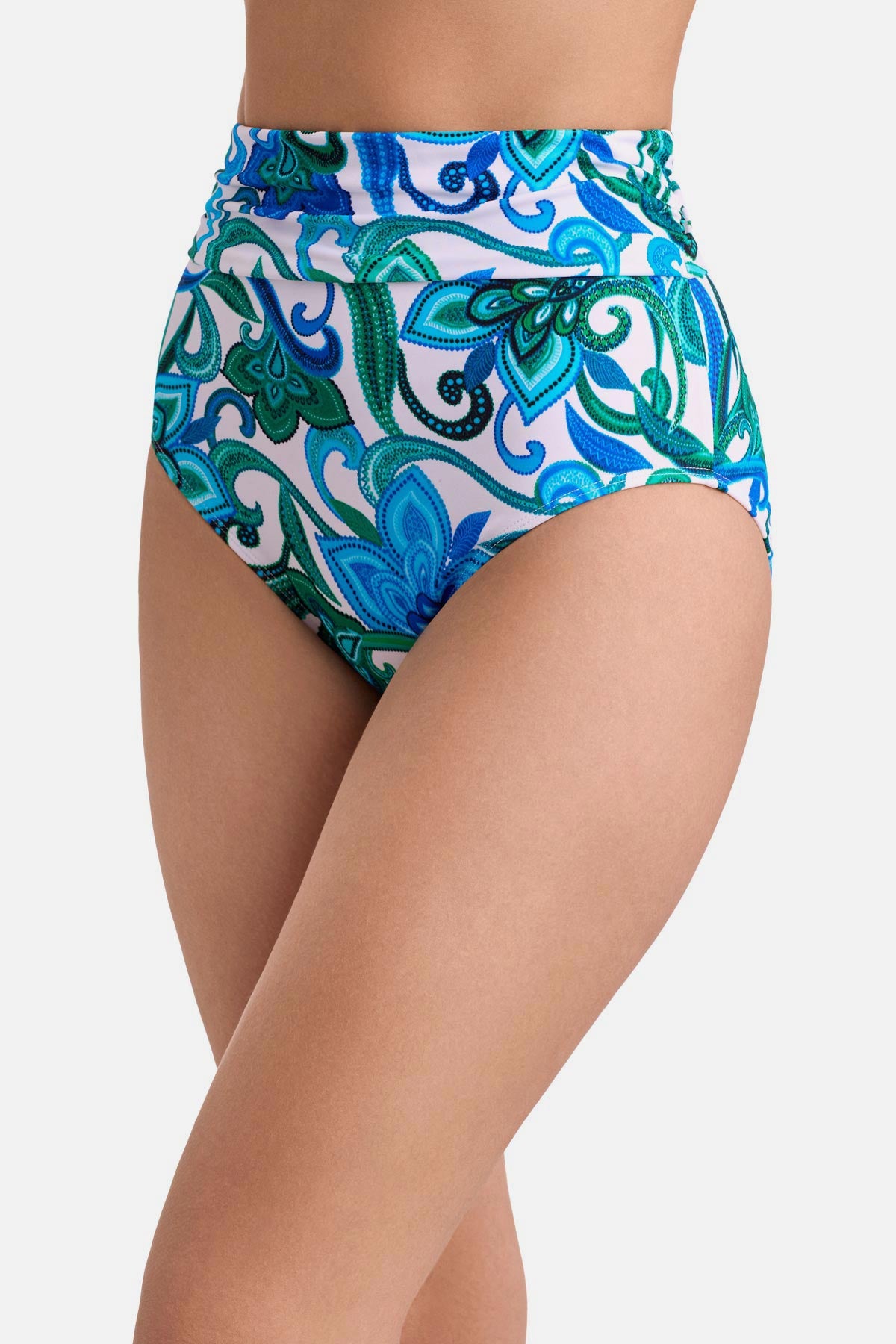 Side view of blue and green floral printed high waisted swim bottoms