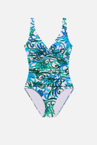Blue and green floral printed one-piece swimsuit