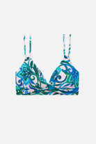 Blue and green floral printed bikini top with matching