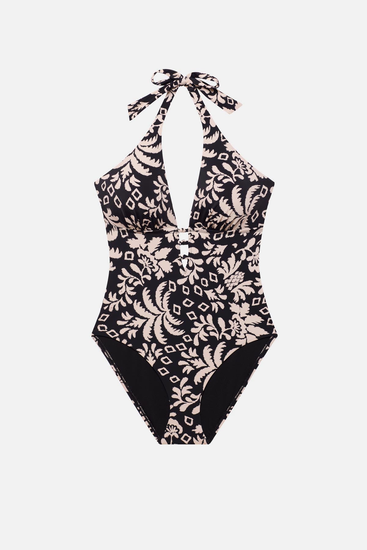 Black and white palm tree printed deep v-neck one-piece swimsuit