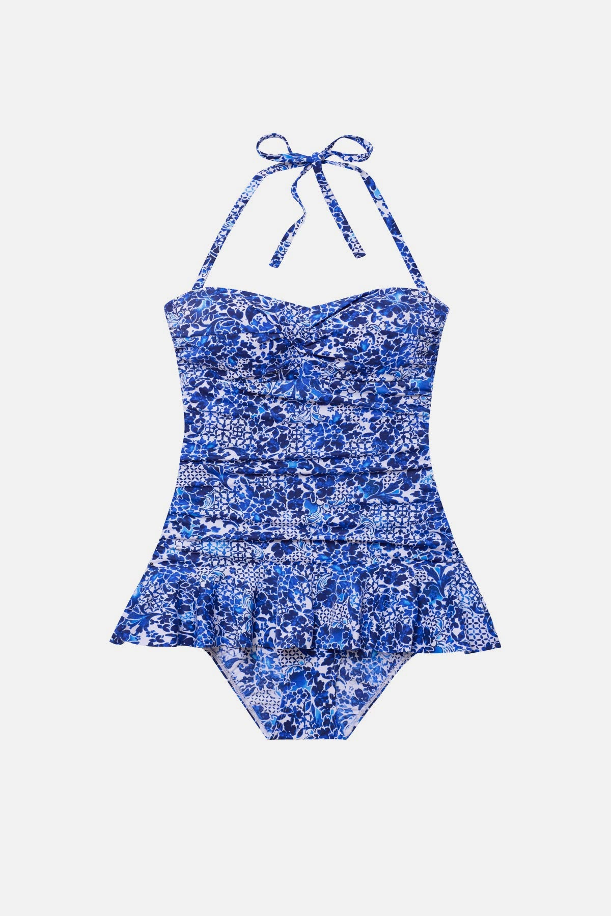 Blue and white floral printed skirted one-piece swimsuit