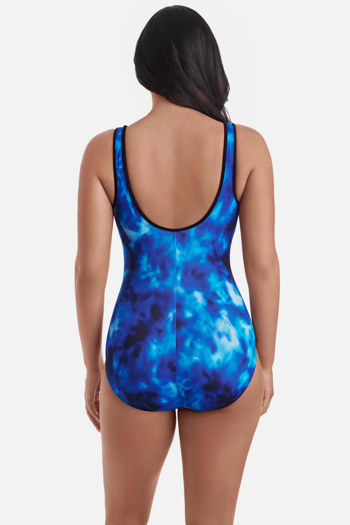 Woman turned away wearing a black and blue cloud printed one-piece swimsuit 
