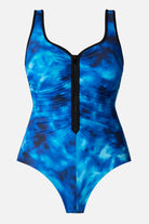 Black and blue cloud printed one-piece swimsuit with a zipper down the front
