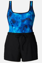 Black and blue water print swim romper
