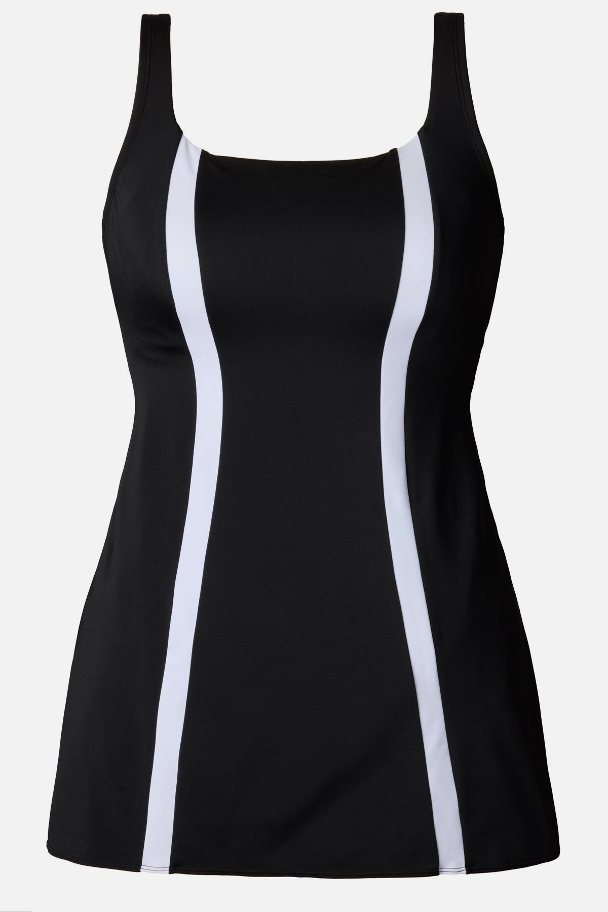 Black and white swim dress with stripes down the sides