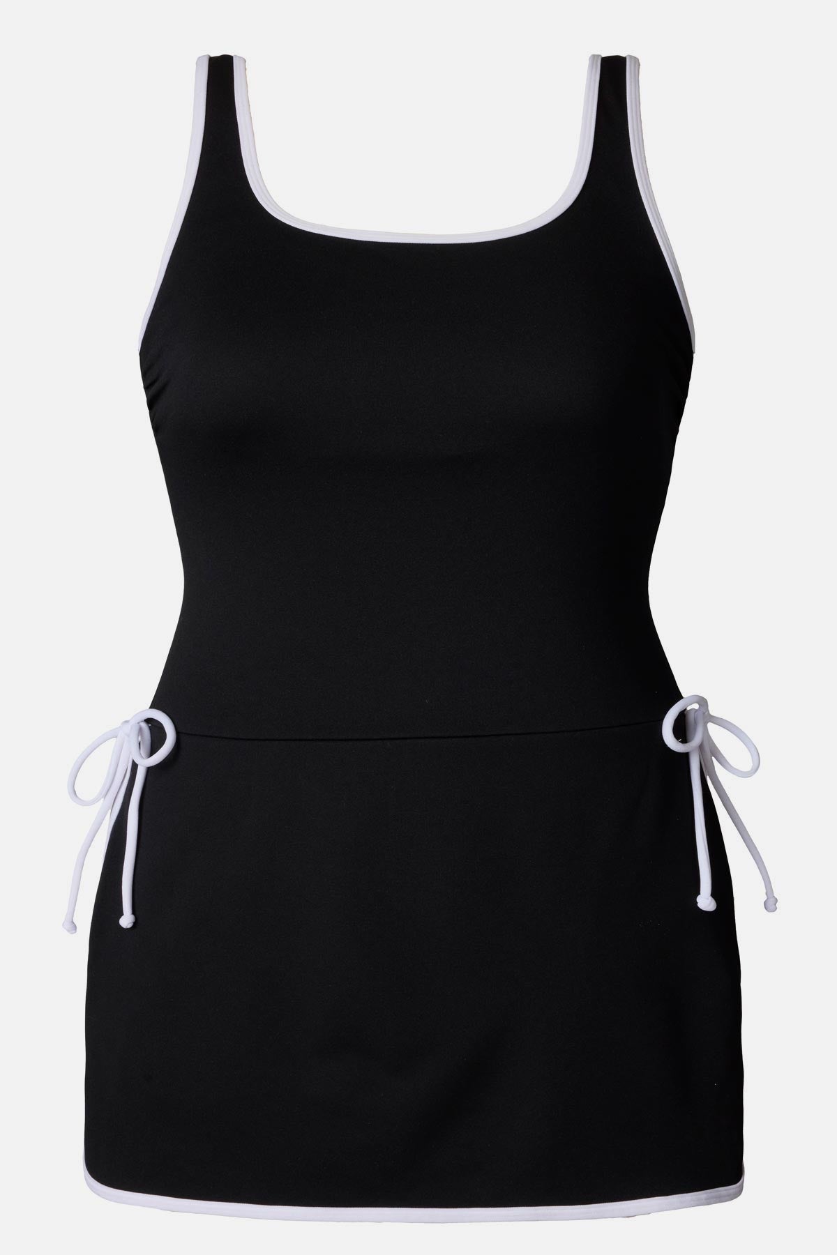Black swim dress with white piping/edges