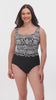 Woman wearing a black and white garland printed one-piece swimsuit