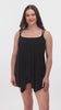 Woman wearing a black drapey swim dress