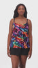 Woman wearing a rainbow ribbon printed ruffle skirtini swimsuit