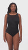 Woman wearing a black mesh high neck one-piece swimsuit