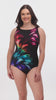 Woman wearing a rainbow ribbon printed one-piece swimsuit
