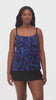 Woman wearing a black and blue safari printed ruffled skirtini swimsuit