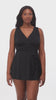 Woman wearing a black V neck swim dress